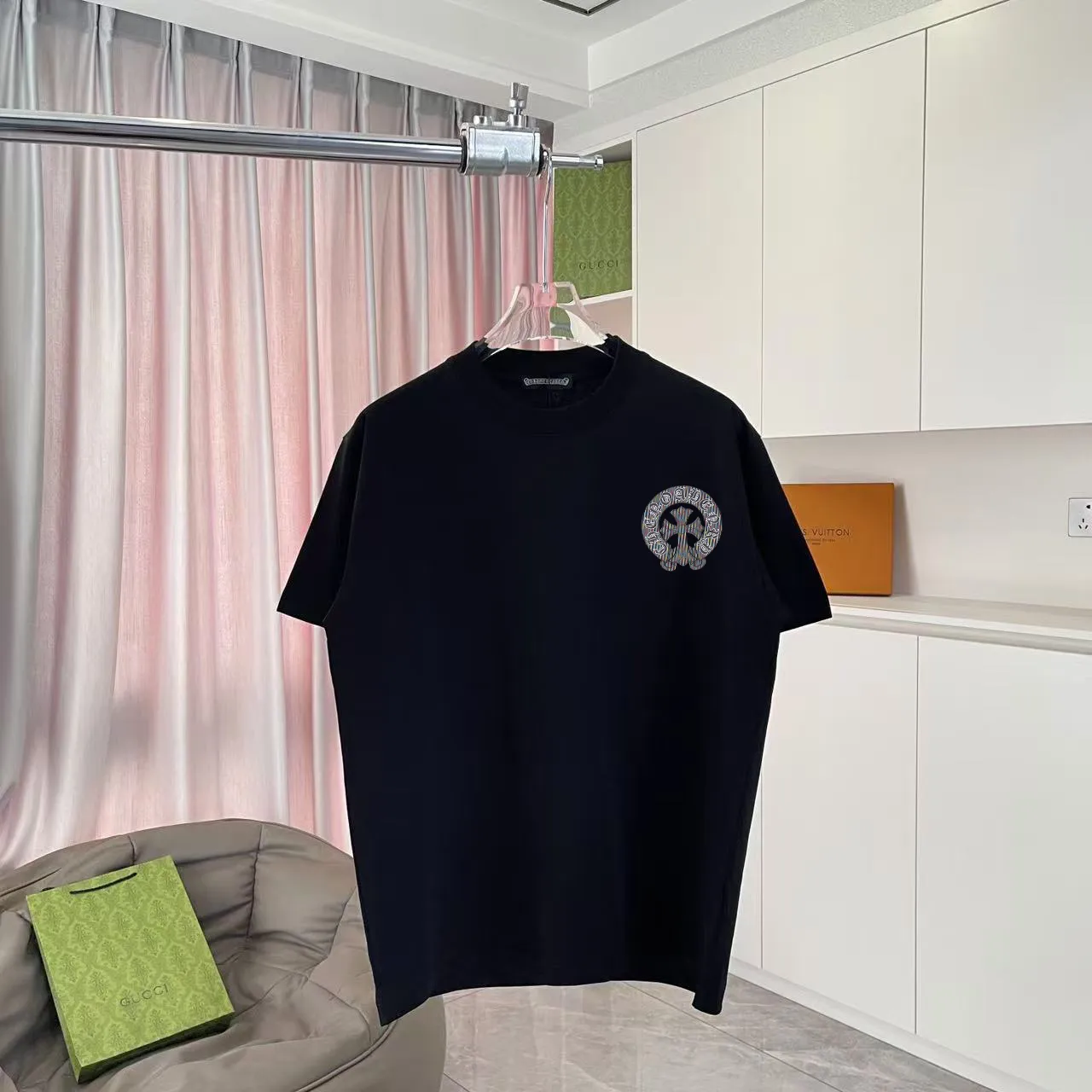 🅿️170 ch Crow*2025 summer new style Sanskrit cross horseshoe print short-sleeved T-shirt customized fabric 300g same style for men and women Size: S M L XL XXL five sizes Color: black white pink rose red iron gray